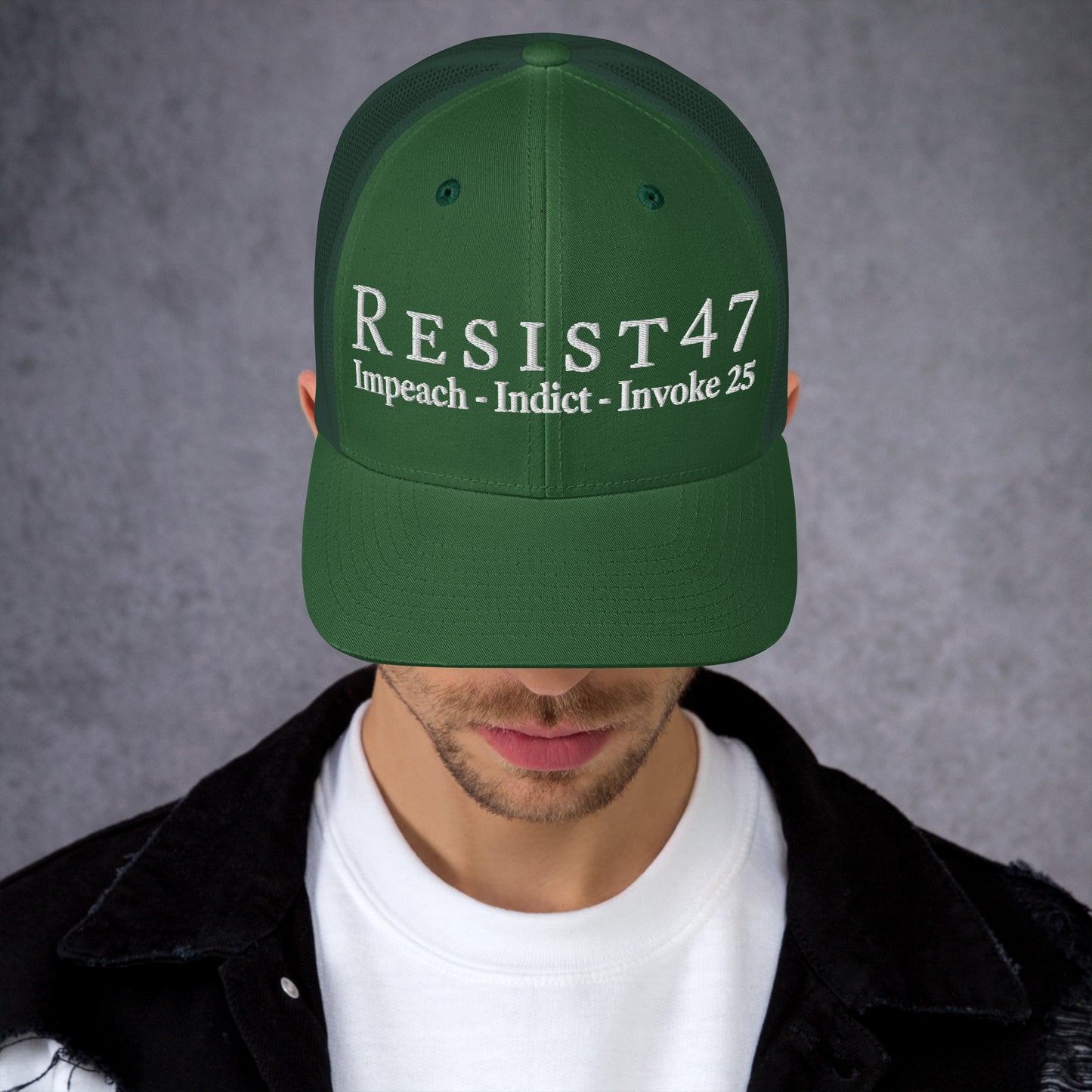 cap with “Resist47 Protest” graphic, front view