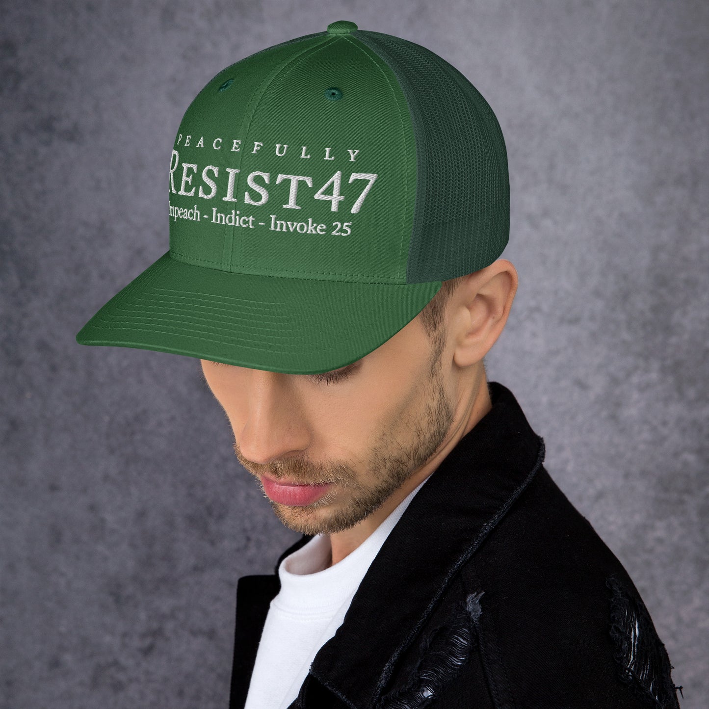 cap with “Resist47 Protest” graphic, front view