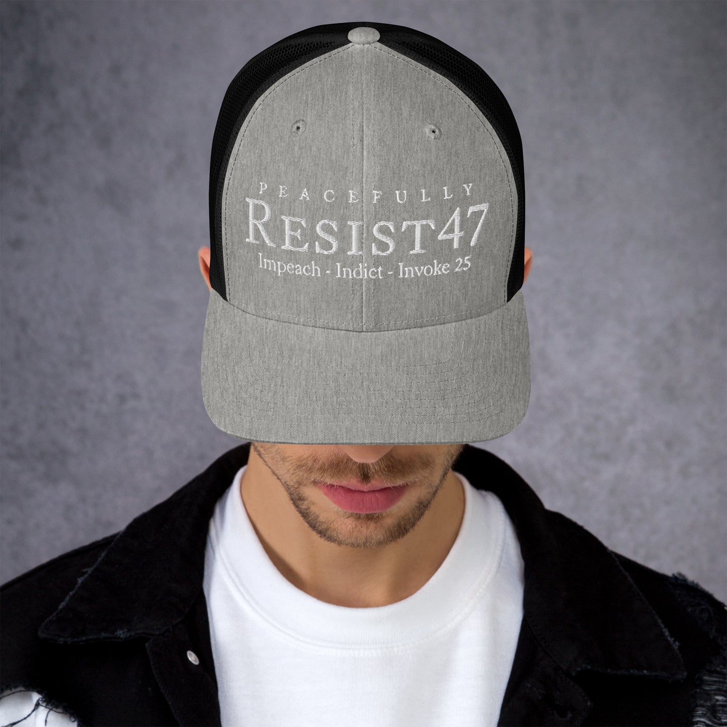 cap with “Resist47 Protest” graphic, front view