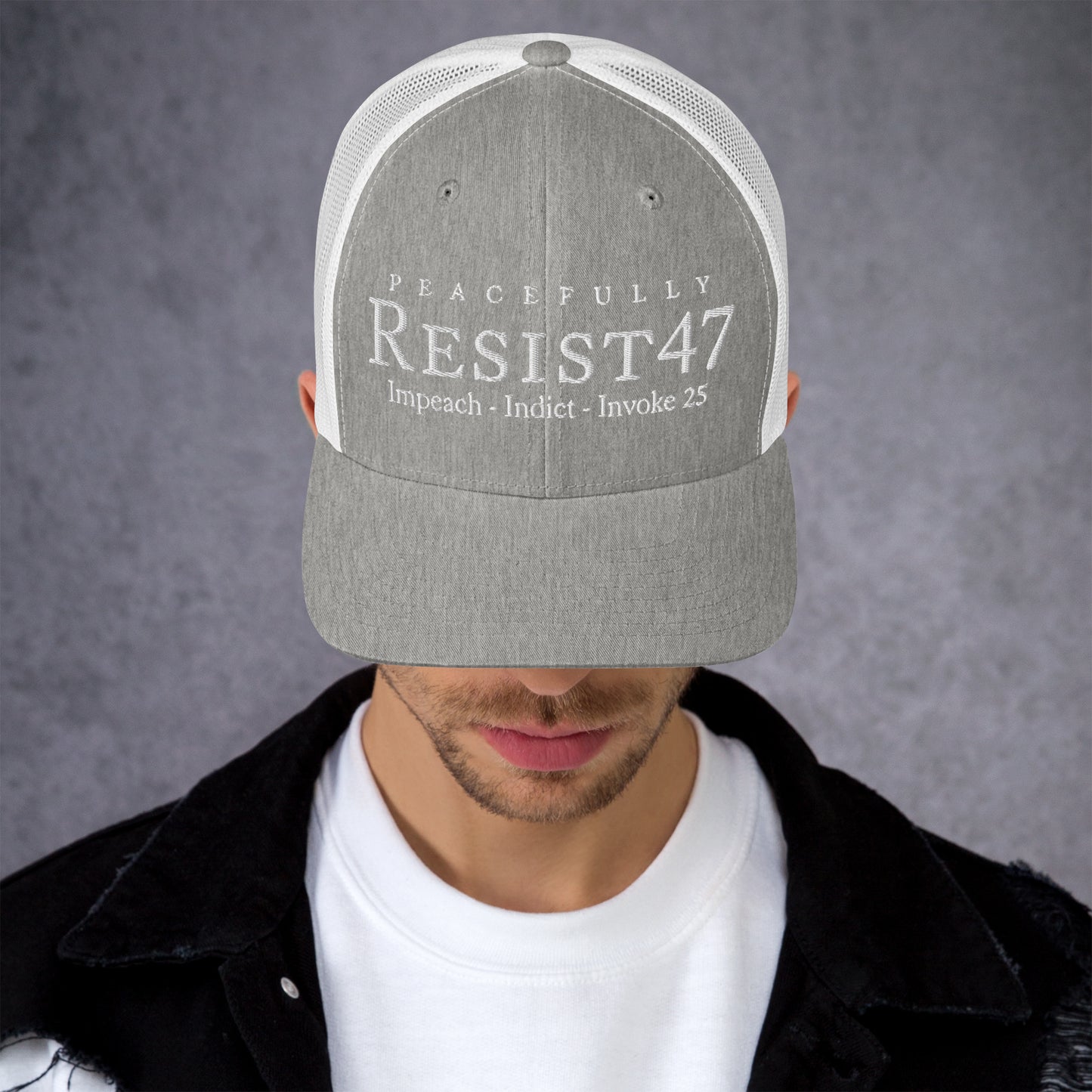 cap with “Resist47 Protest” graphic, front view
