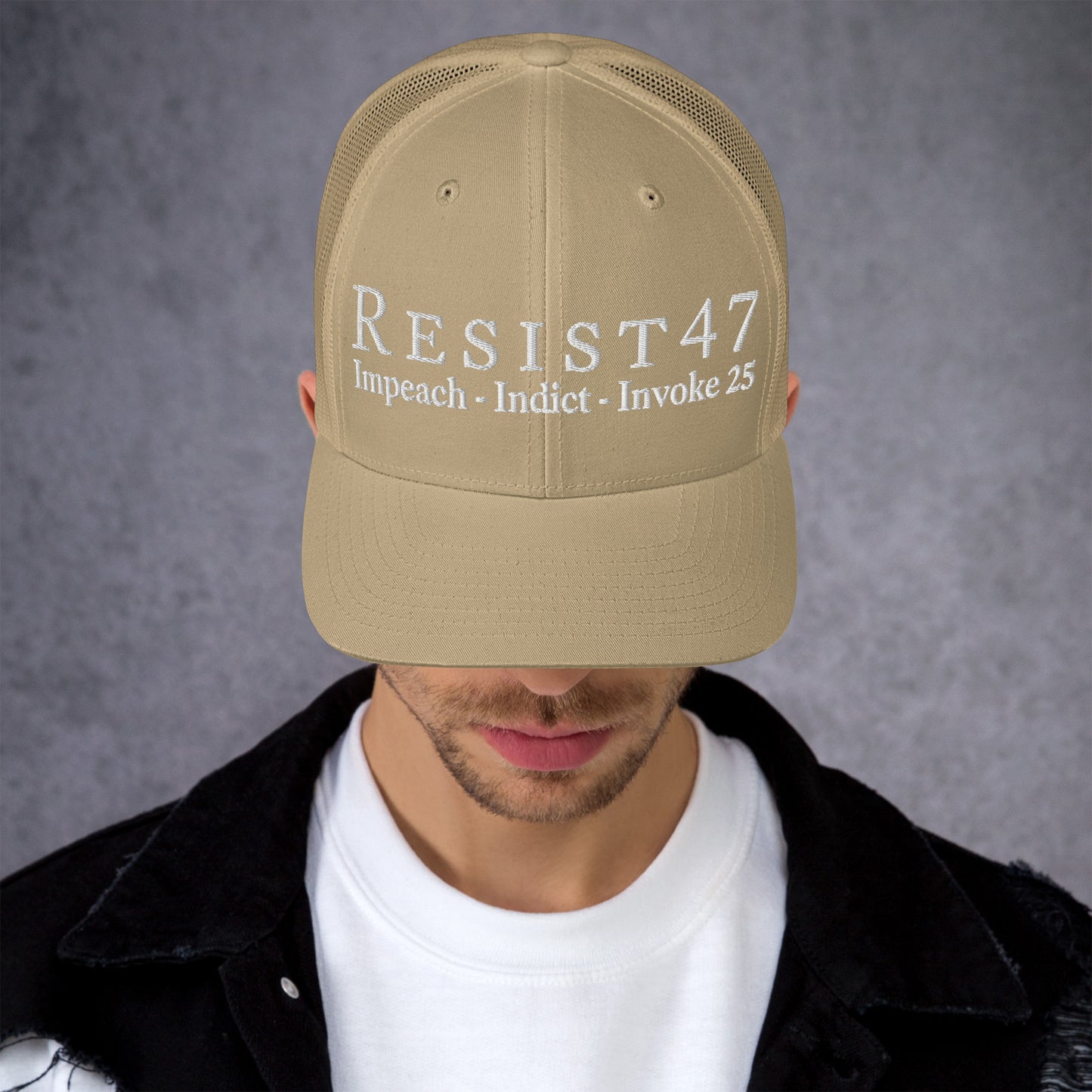 cap with “Resist47 Protest” graphic, front view