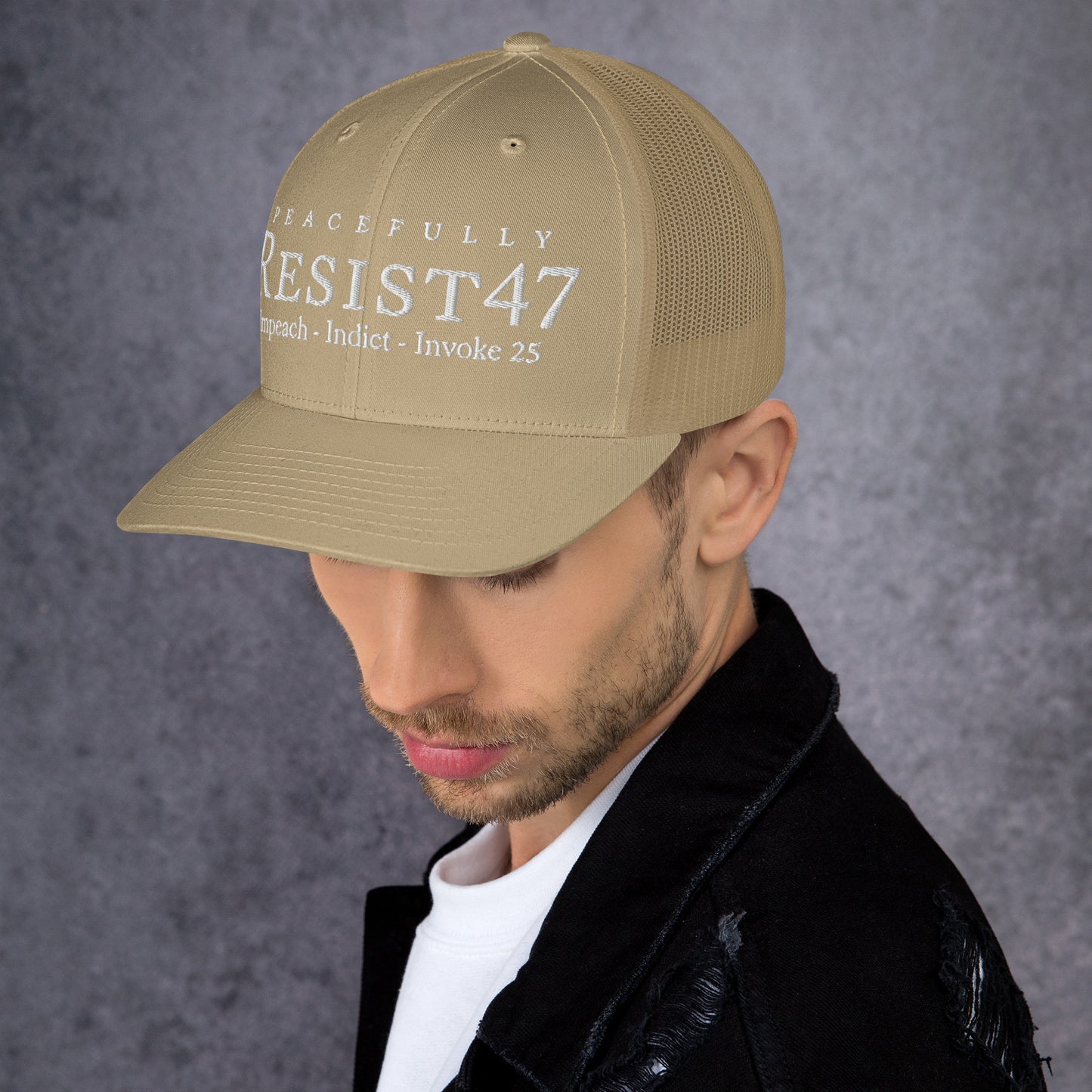 cap with “Resist47 Protest” graphic, front view