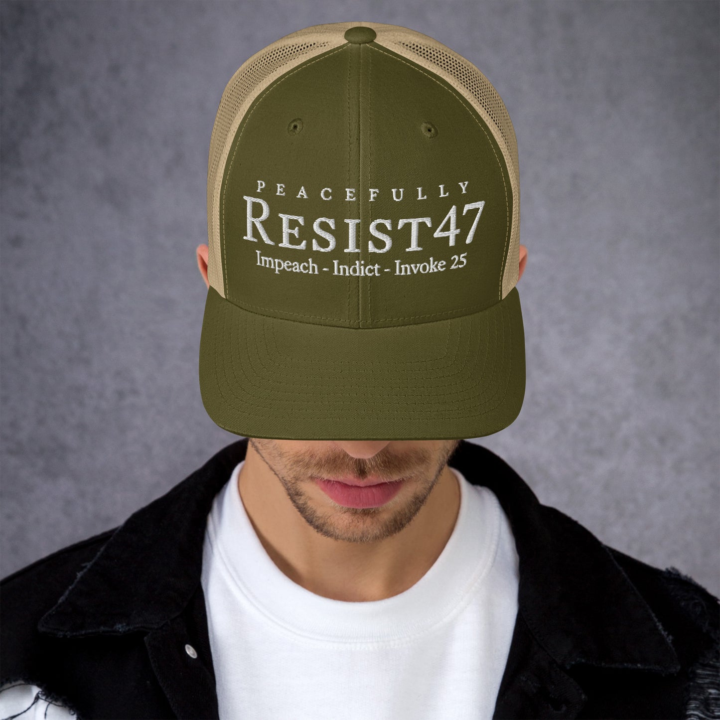 cap with “Resist47 Protest” graphic, front view