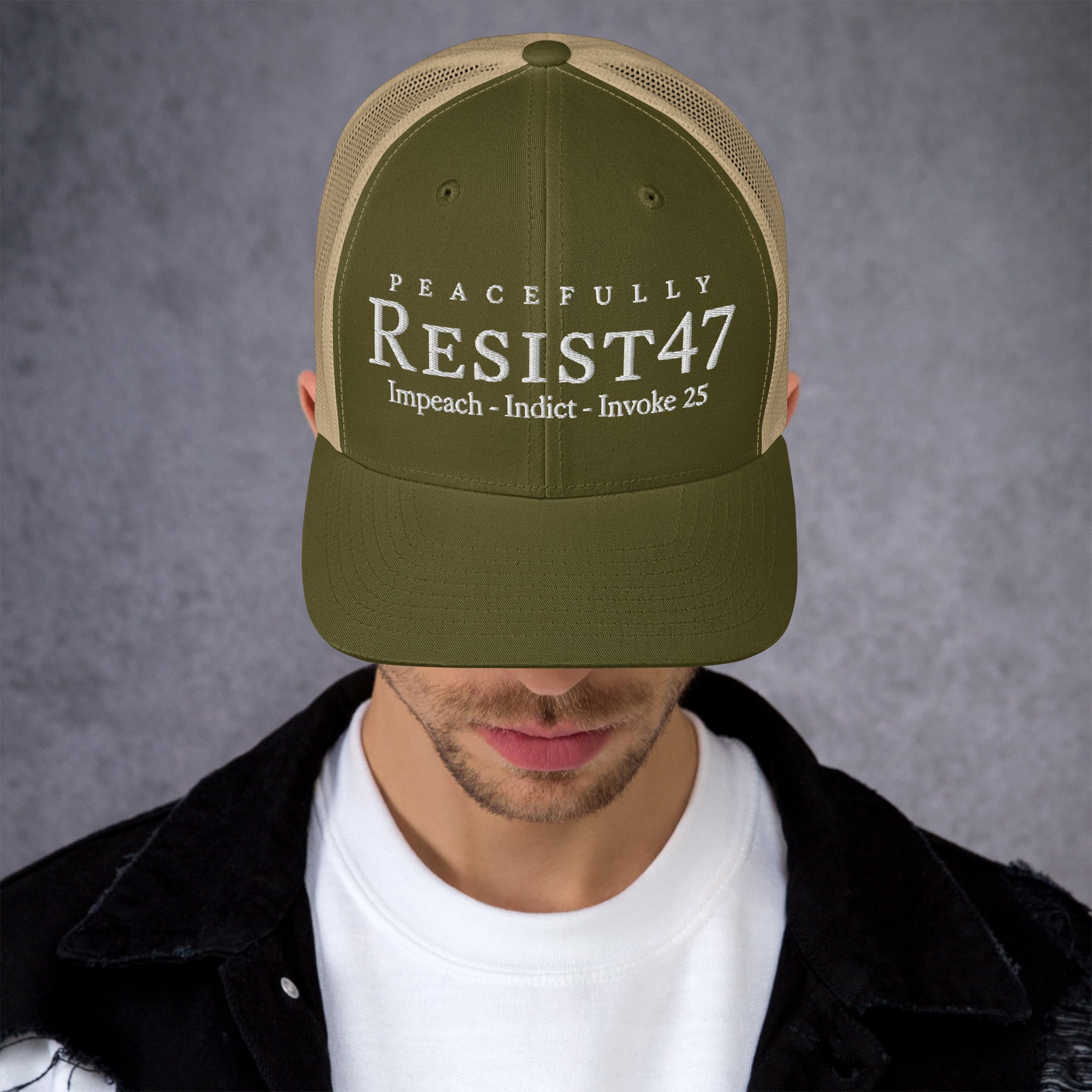 cap with “Resist47 Protest” graphic, front view