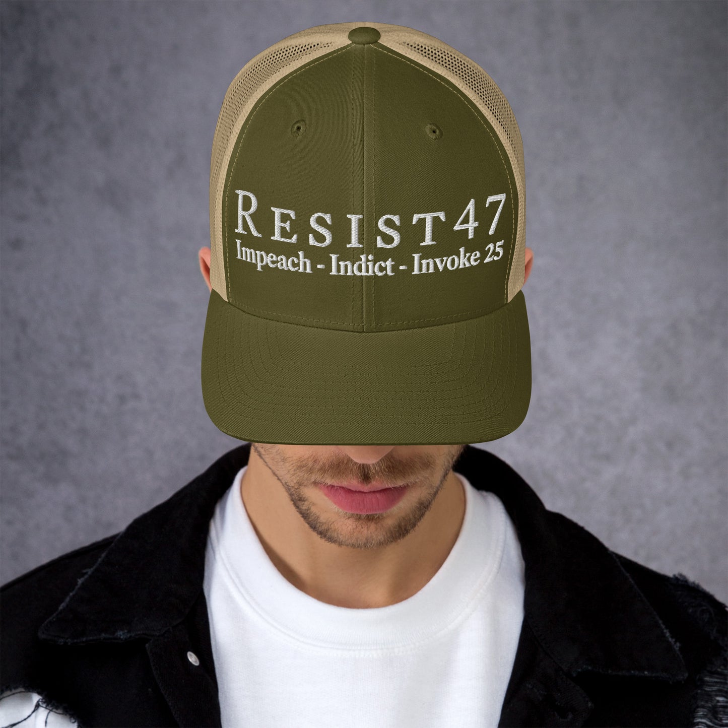 cap with “Resist47 Protest” graphic, front view