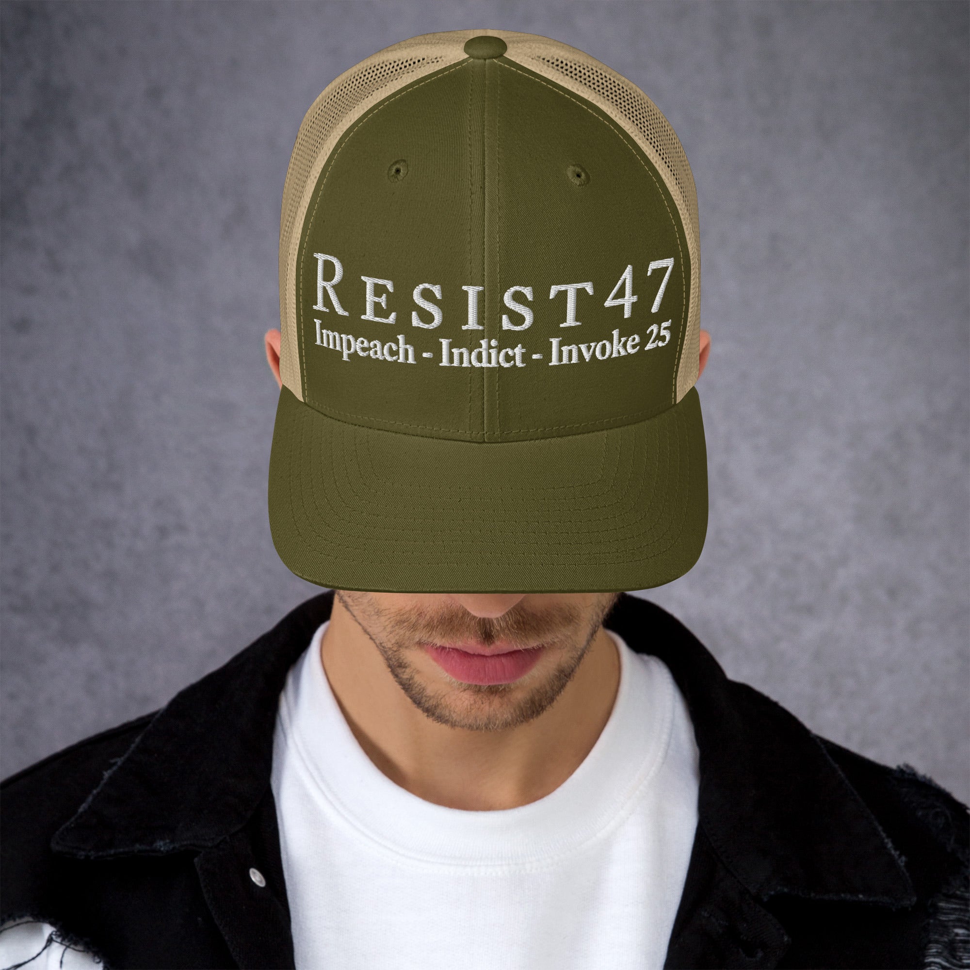 cap with “Resist47 Protest” graphic, front view