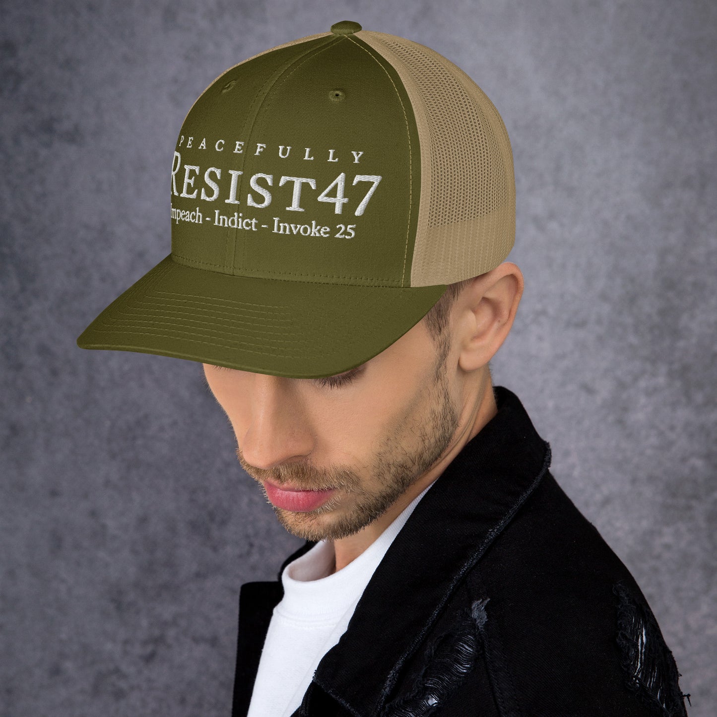 cap with “Resist47 Protest” graphic, front view