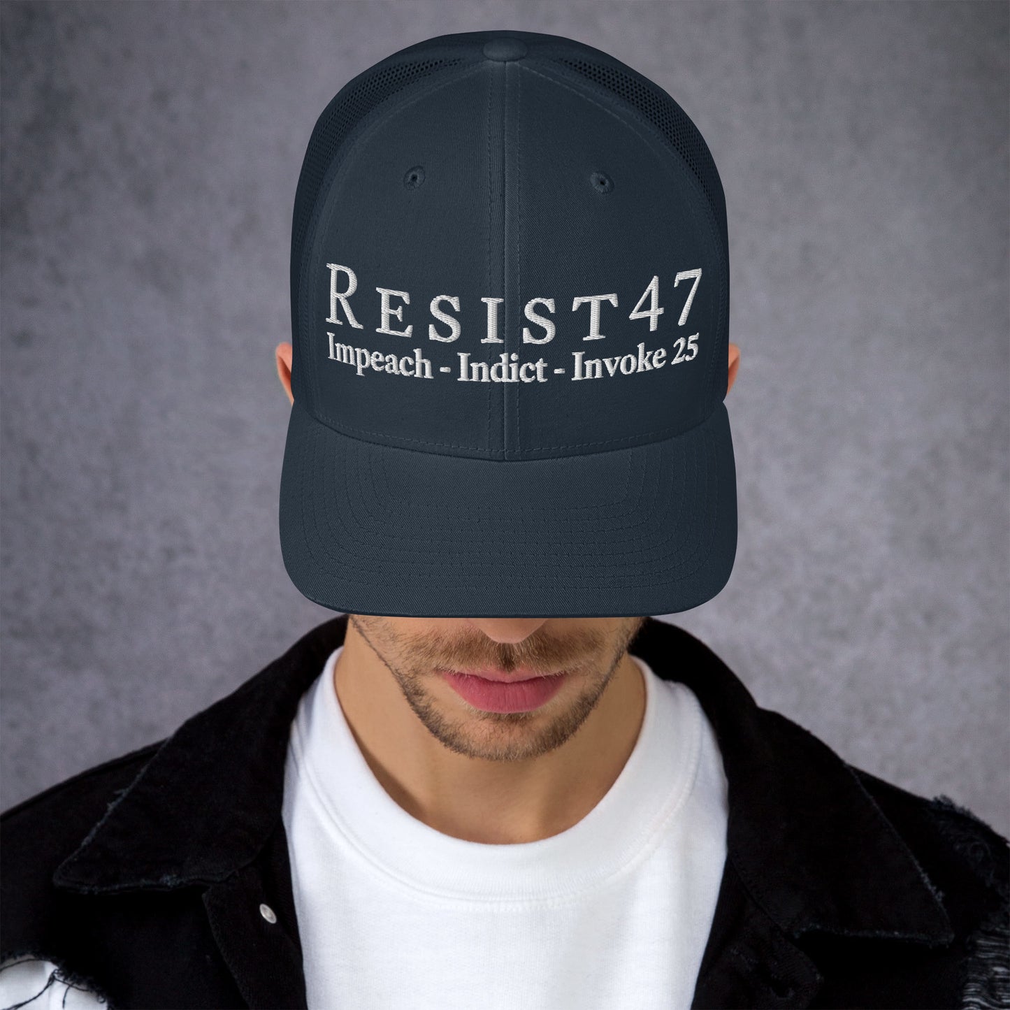 cap with “Resist47 Protest” graphic, front view