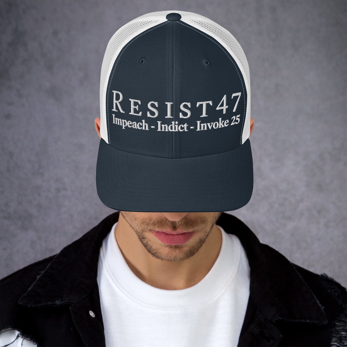 cap with “Resist47 Protest” graphic, front view