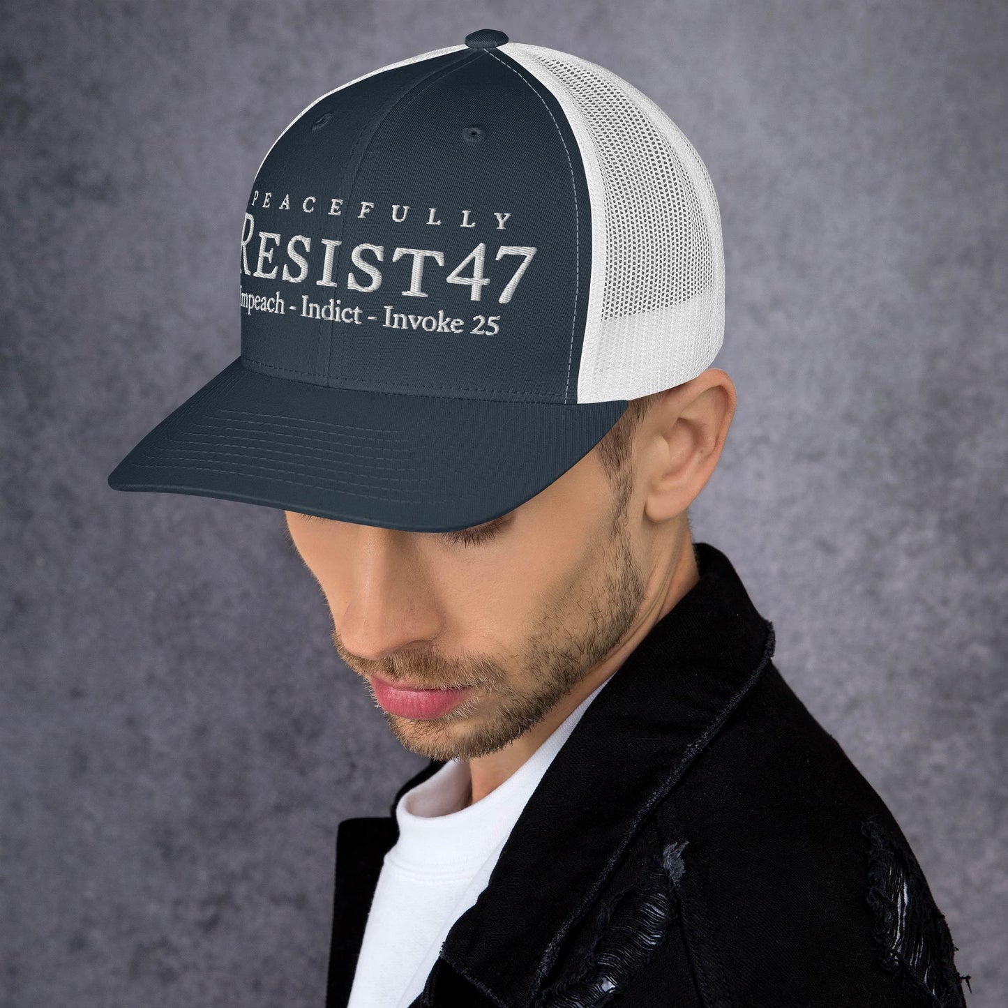 Dark Heather Gray cap with “Resist47 Protest” graphic, front view