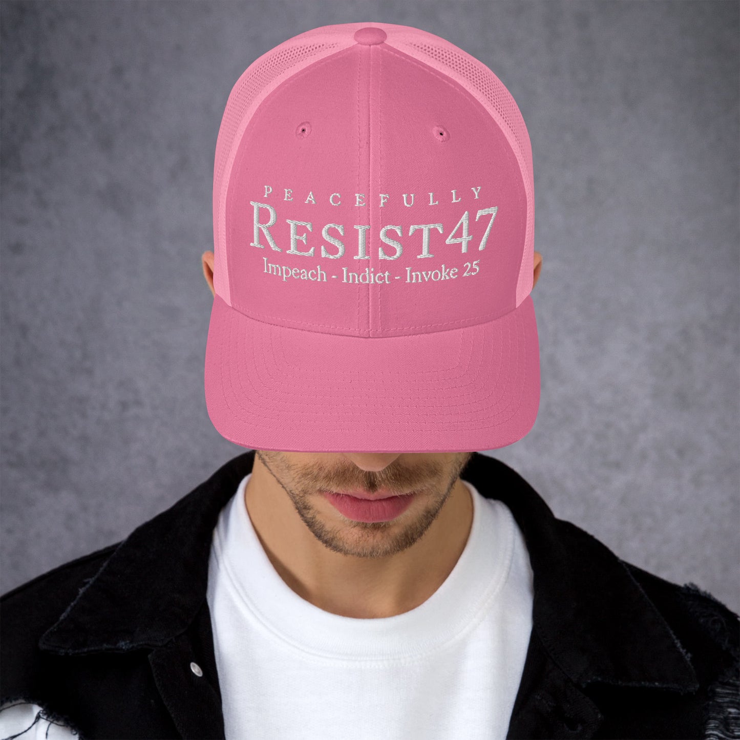 cap with “Resist47 Protest” graphic, front view