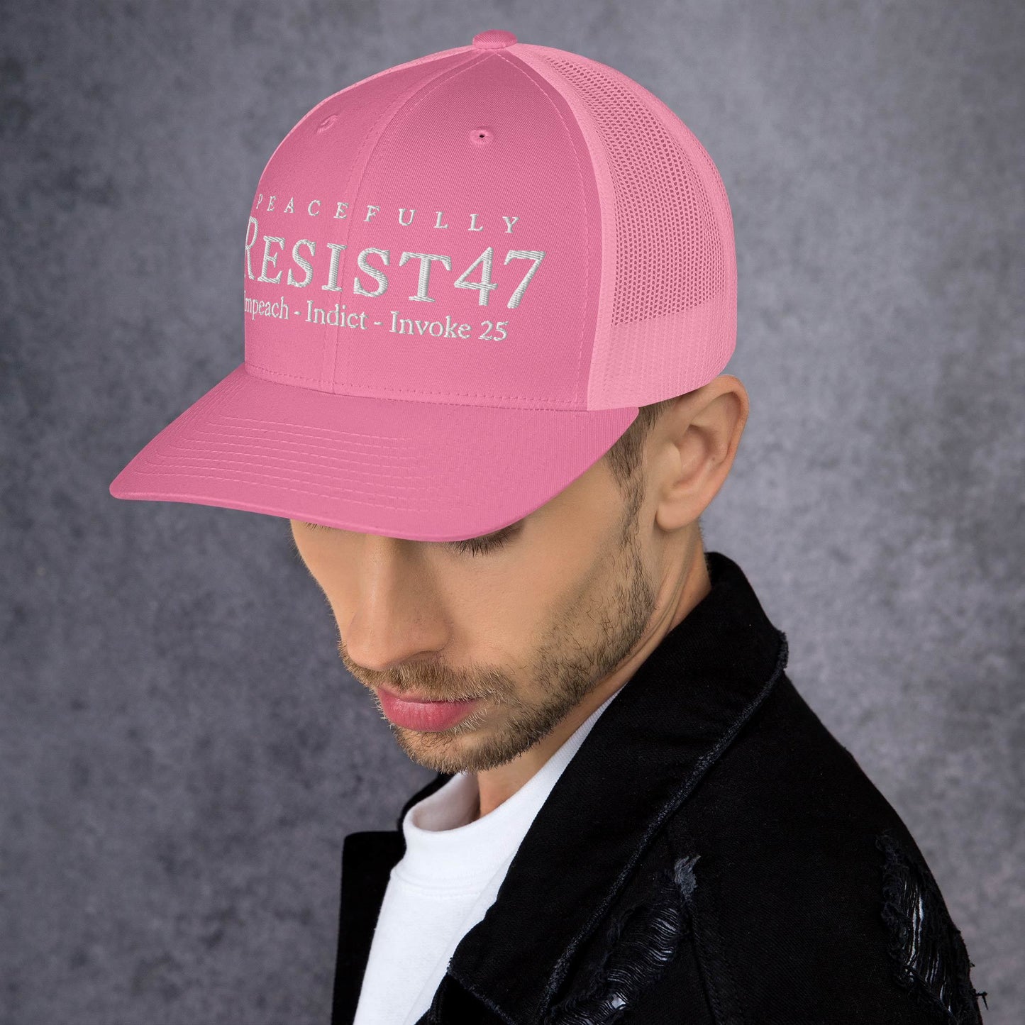 cap with “Resist47 Protest” graphic, front view