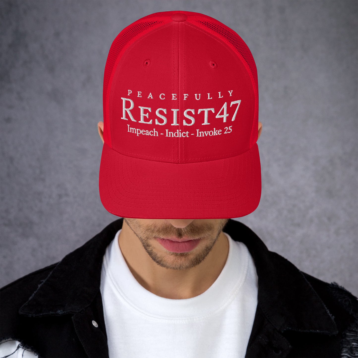 Silver cap with “Resist47 Protest” graphic, front view