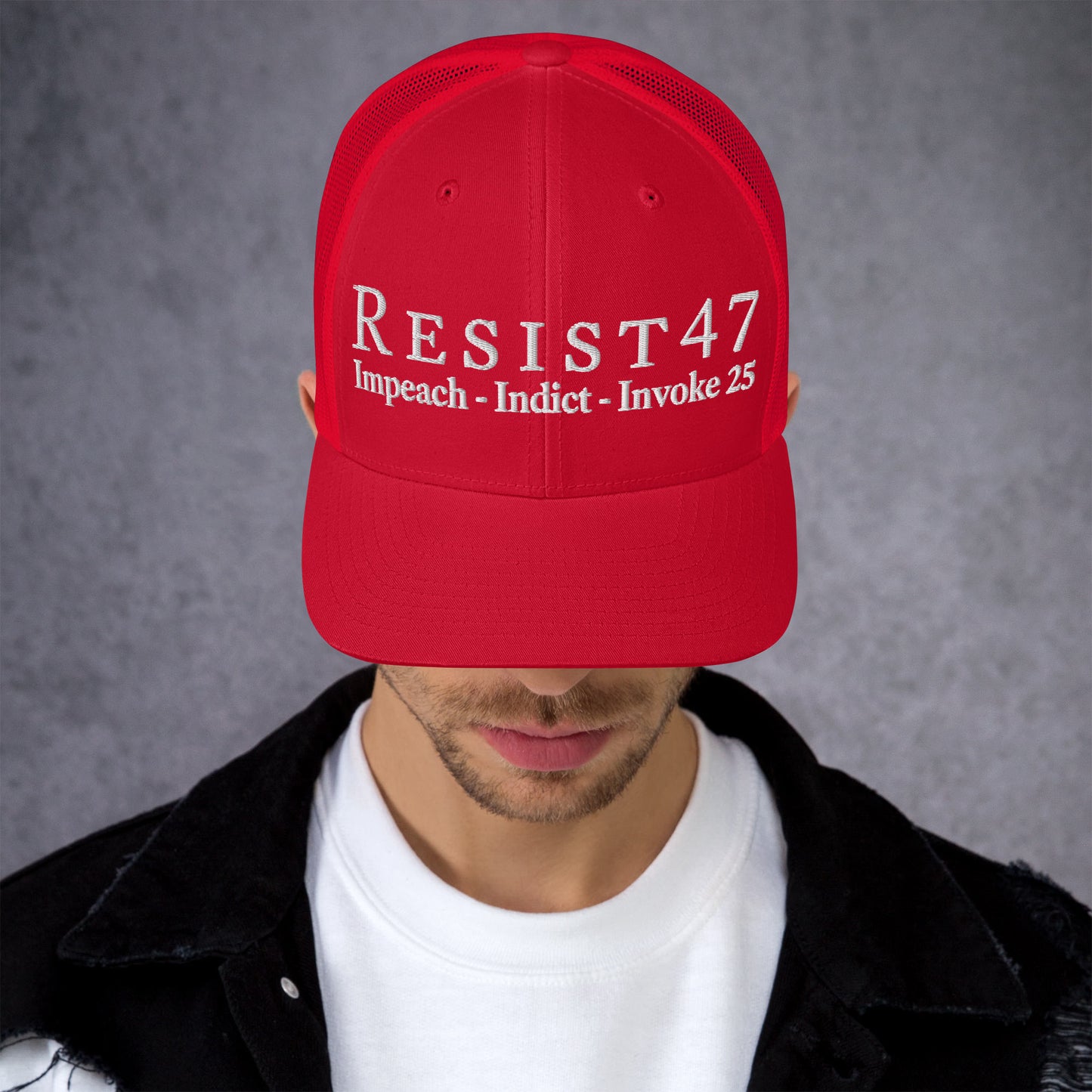 cap with “Resist47 Protest” graphic, front view