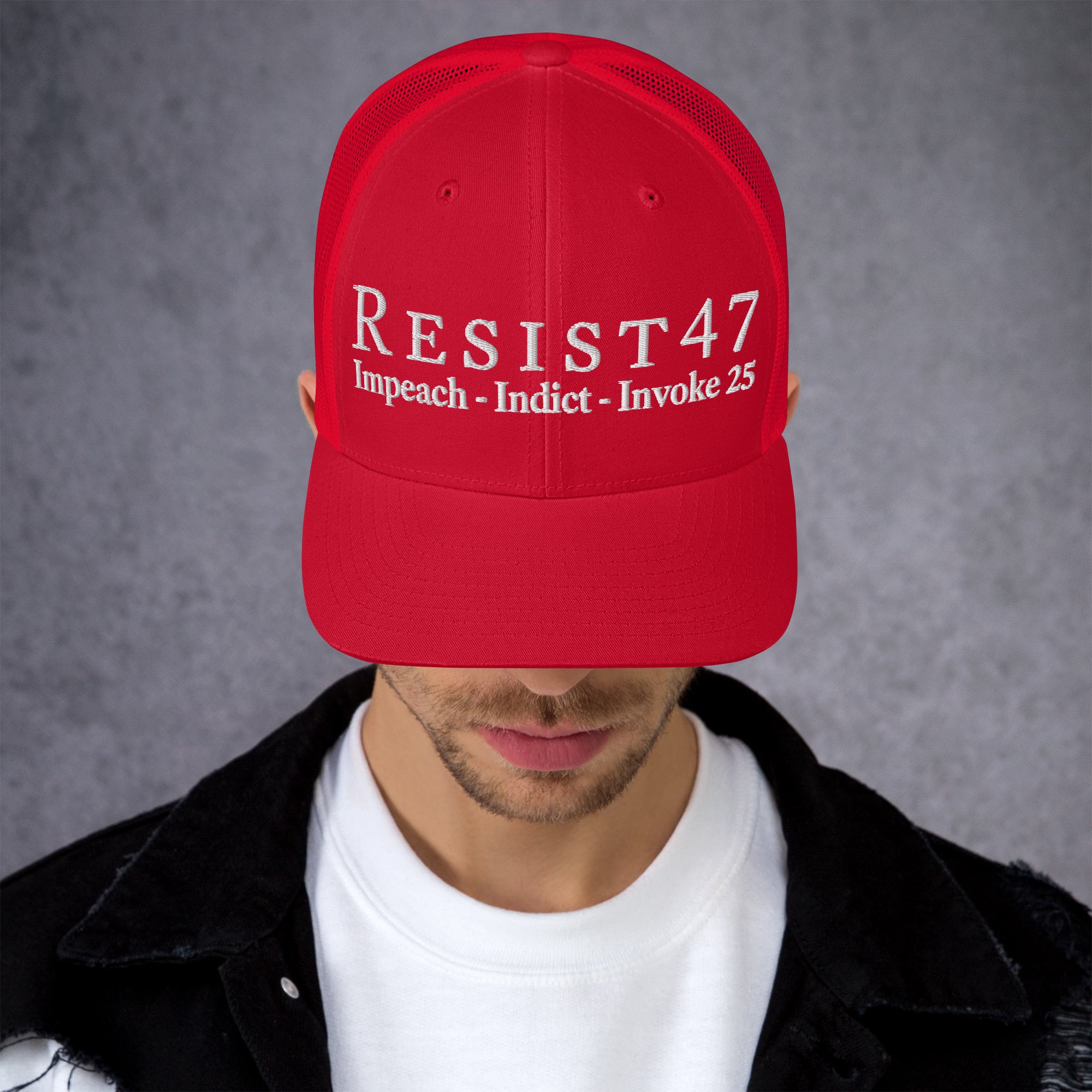 cap with “Resist47 Protest” graphic, front view