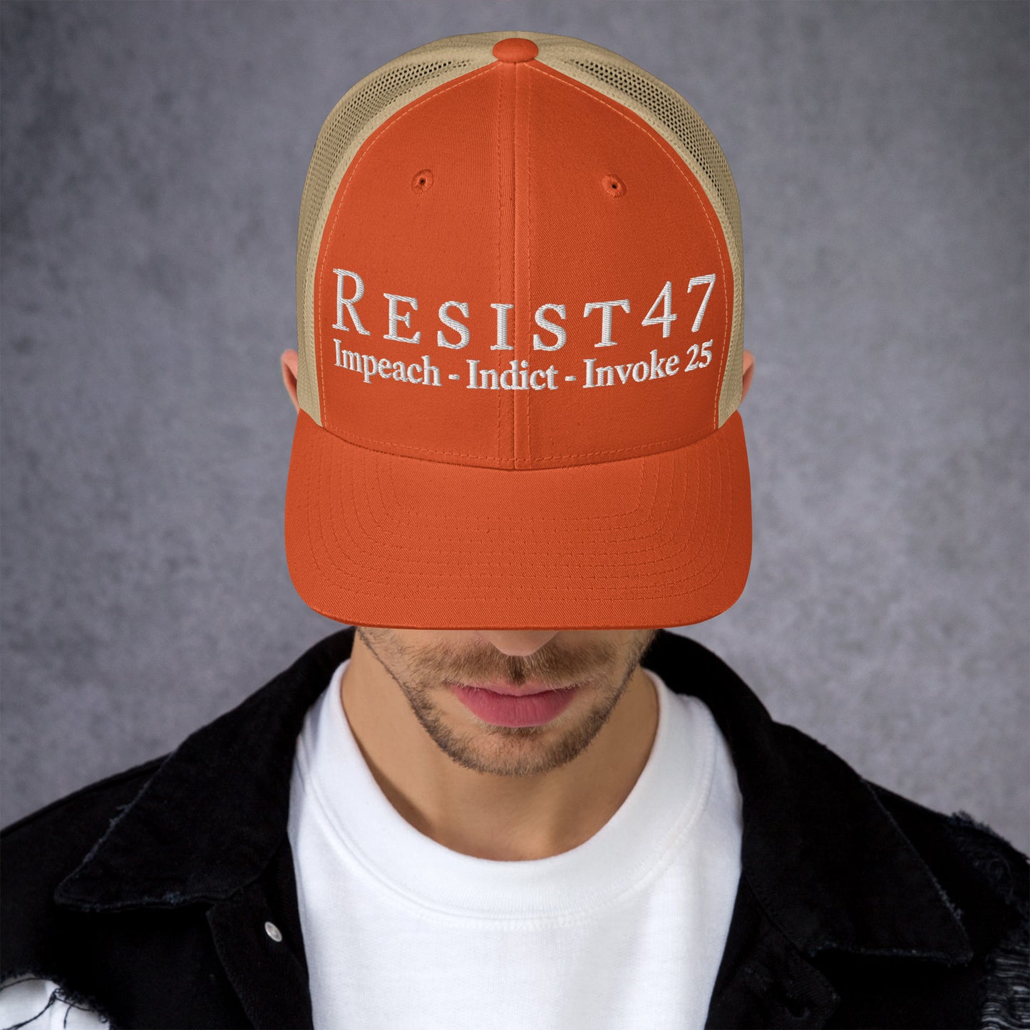 cap with “Resist47 Protest” graphic, front view