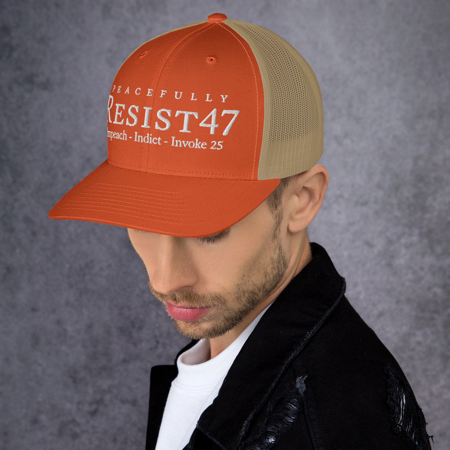 cap with “Resist47 Protest” graphic, front view