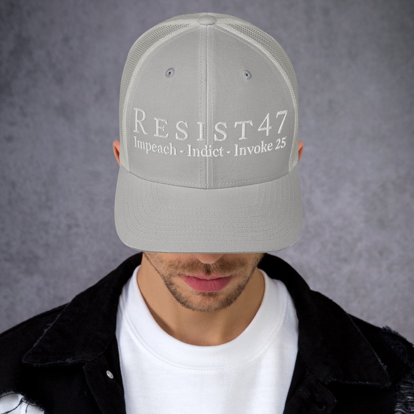 cap with “Resist47 Protest” graphic, front view