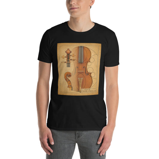 Black T-shirt with Stradivarius Violin Technical drawing graphic, front view