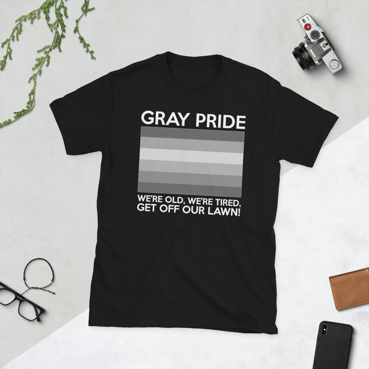 Unisex T-shirt with “Gray Pride” gray-stripe flag graphic, front view