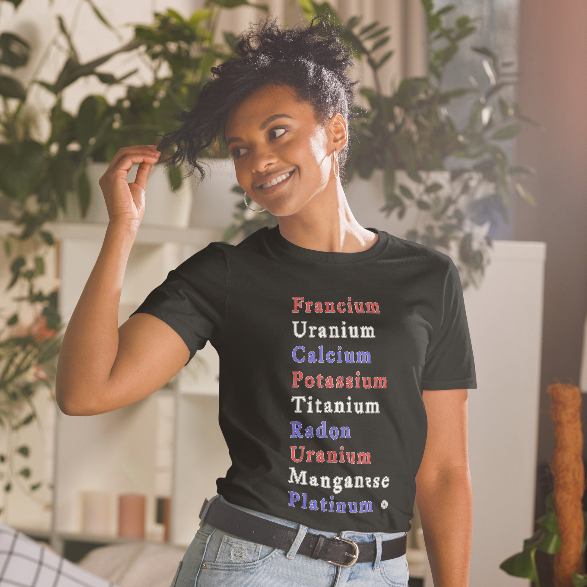Unisex T-shirt with periodic table chemistry pun protest graphic, front view