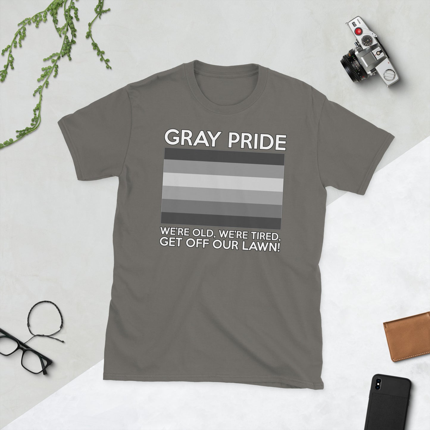 Unisex T-shirt with “Gray Pride” gray-stripe flag graphic, front view