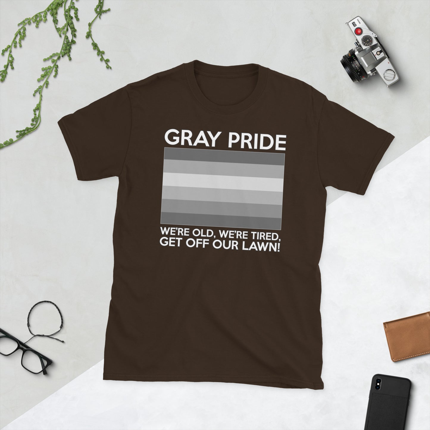 Unisex T-shirt with “Gray Pride” gray-stripe flag graphic, front view