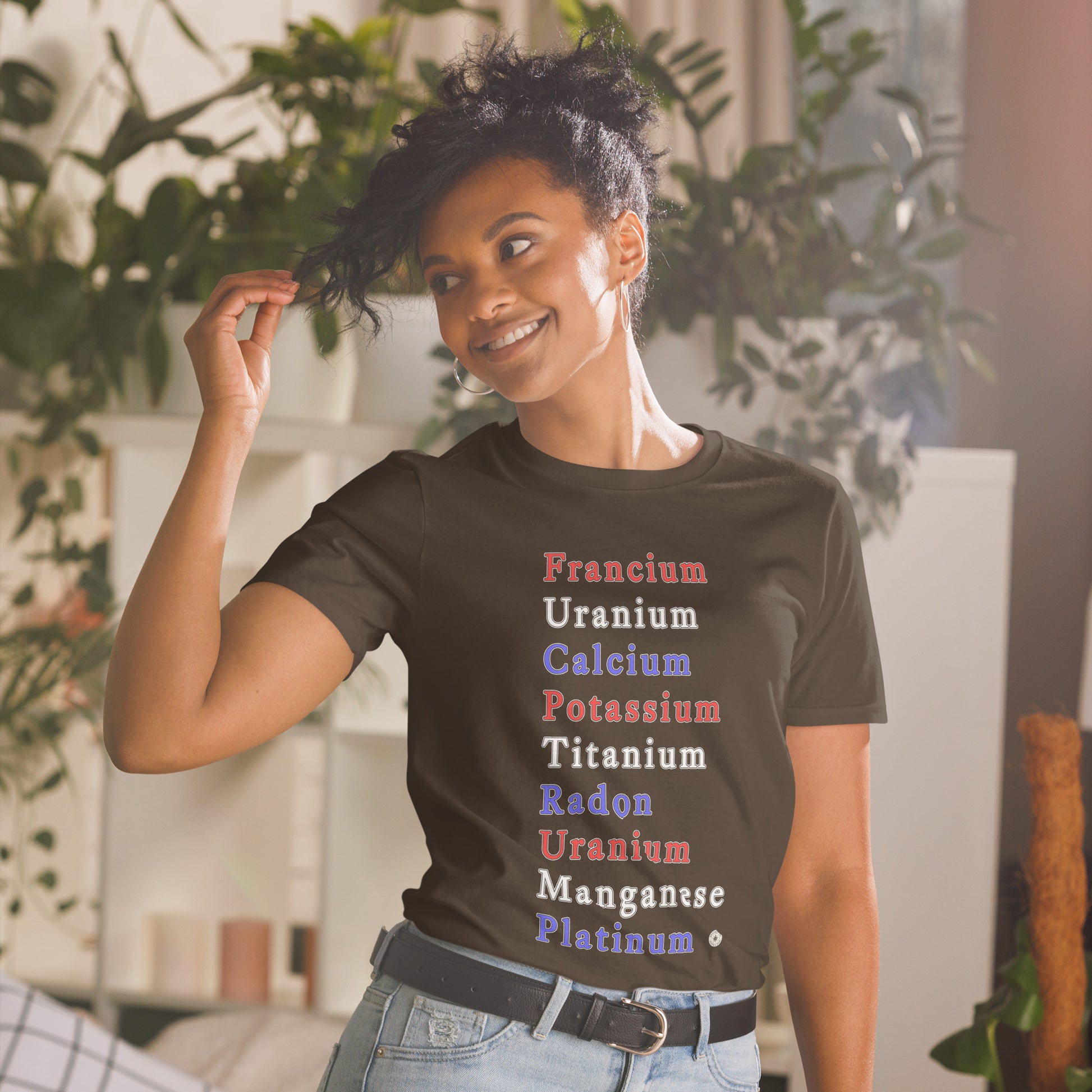 Unisex T-shirt with periodic table chemistry pun protest graphic, front view