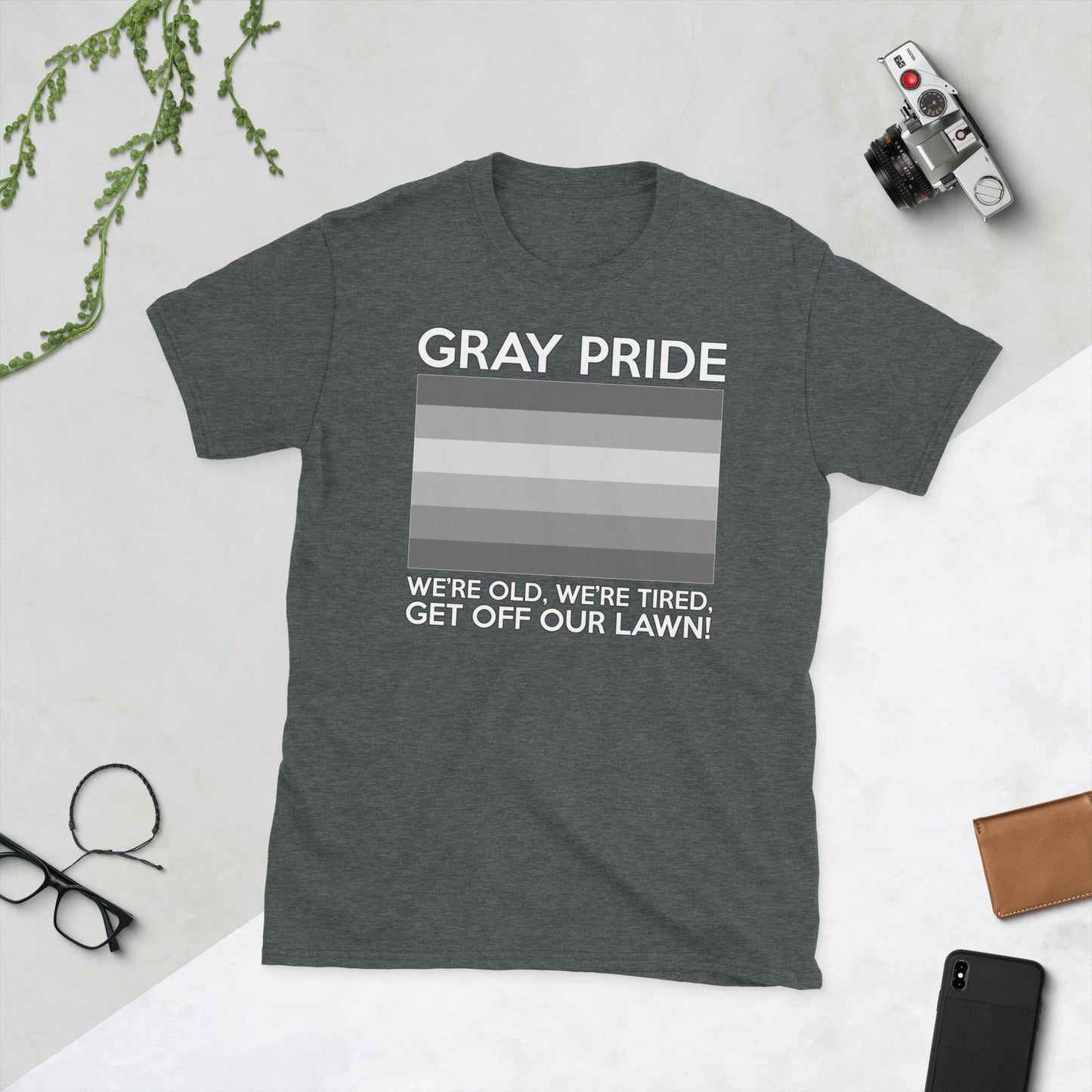 Unisex T-shirt with “Gray Pride” gray-stripe flag graphic, front view