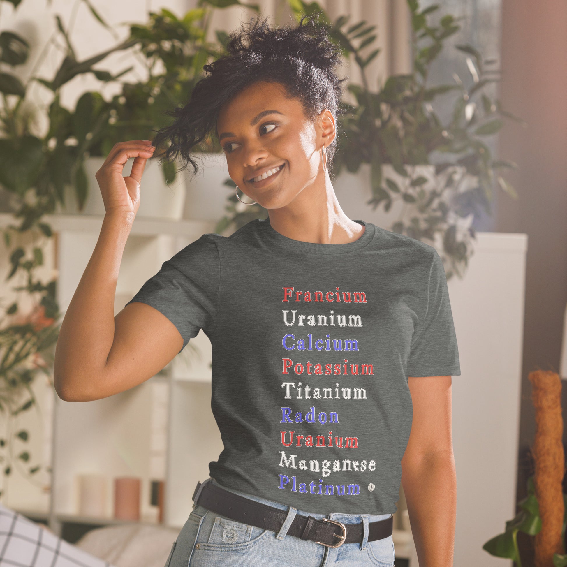 Unisex T-shirt with periodic table chemistry pun protest graphic, front view
