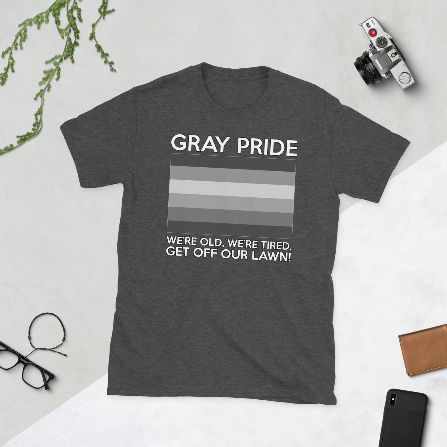 Unisex T-shirt with “Gray Pride” gray-stripe flag graphic, front view