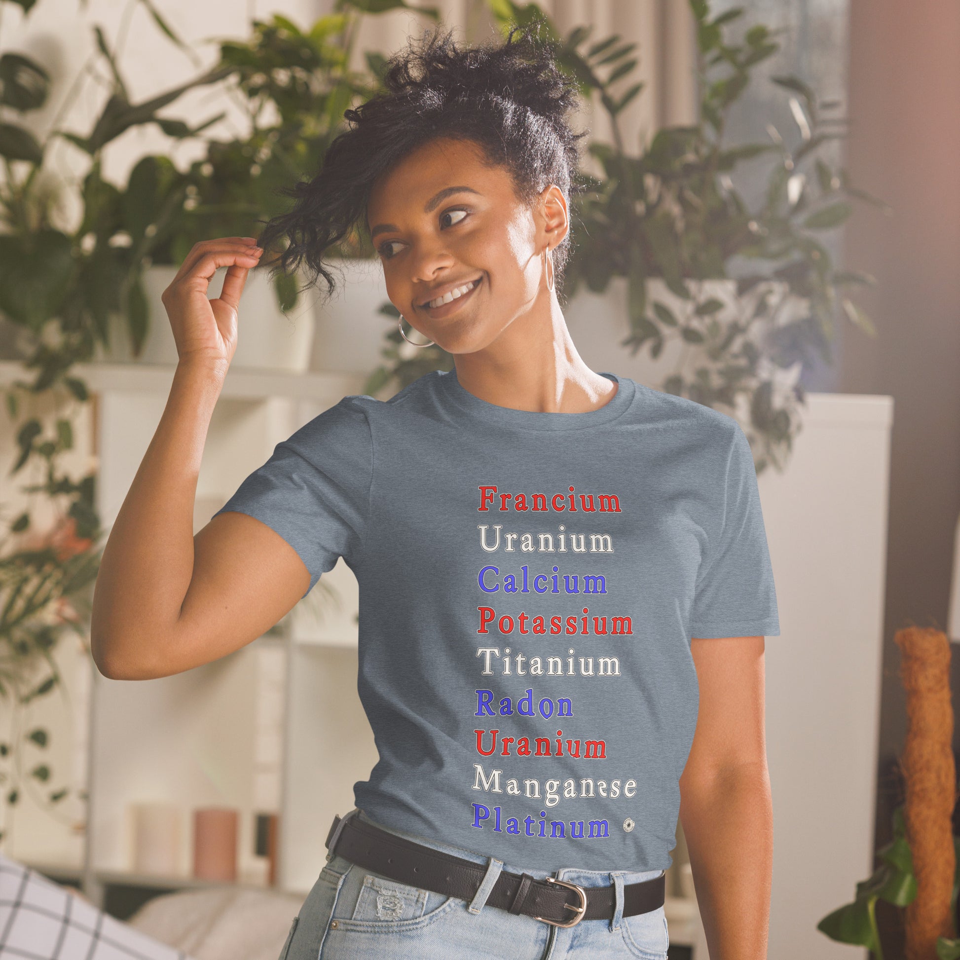 Unisex T-shirt with periodic table chemistry pun protest graphic, front view