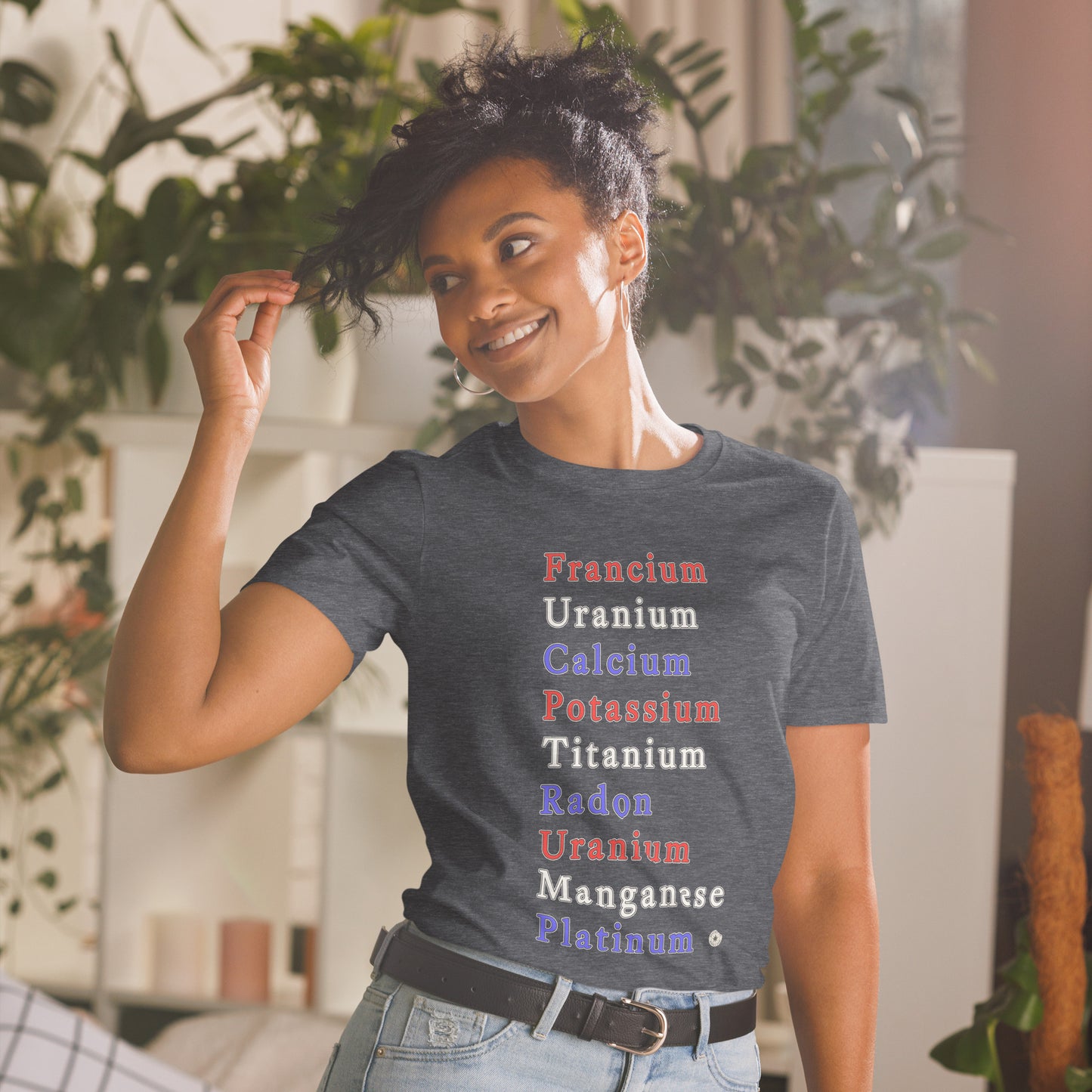 Unisex T-shirt with periodic table chemistry pun protest graphic, front view