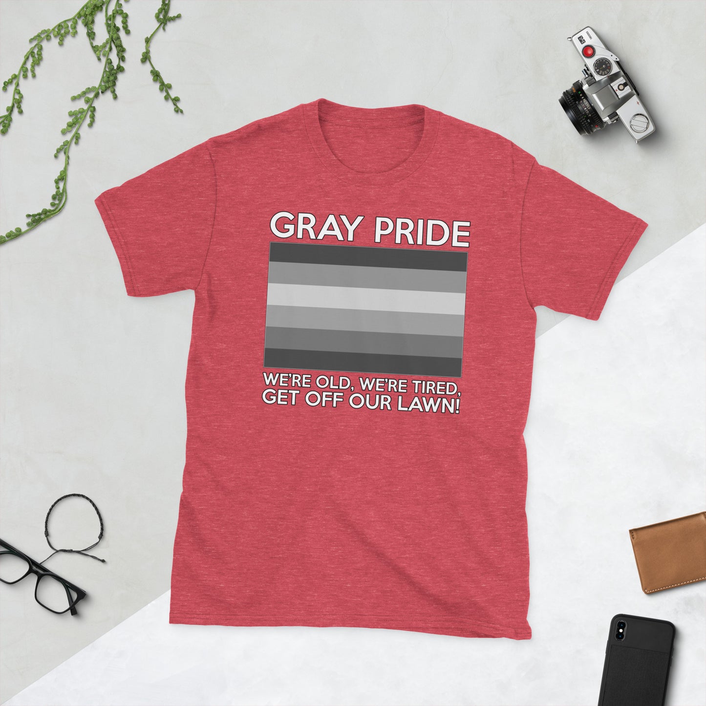 Unisex T-shirt with “Gray Pride” gray-stripe flag graphic, front view