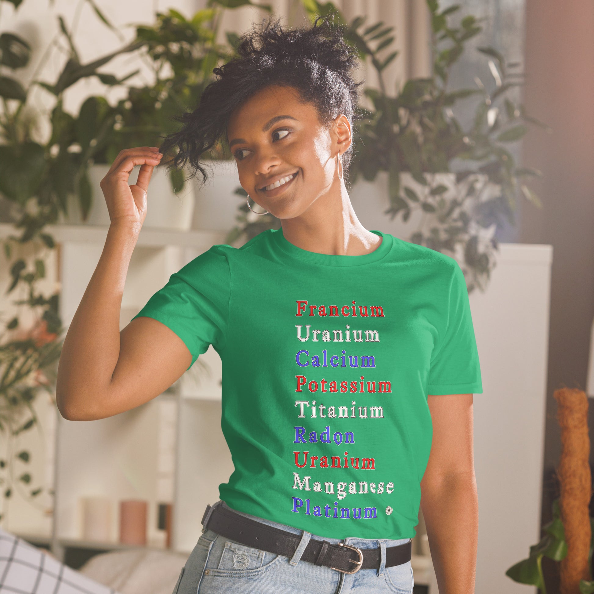 Unisex T-shirt with periodic table chemistry pun protest graphic, front view
