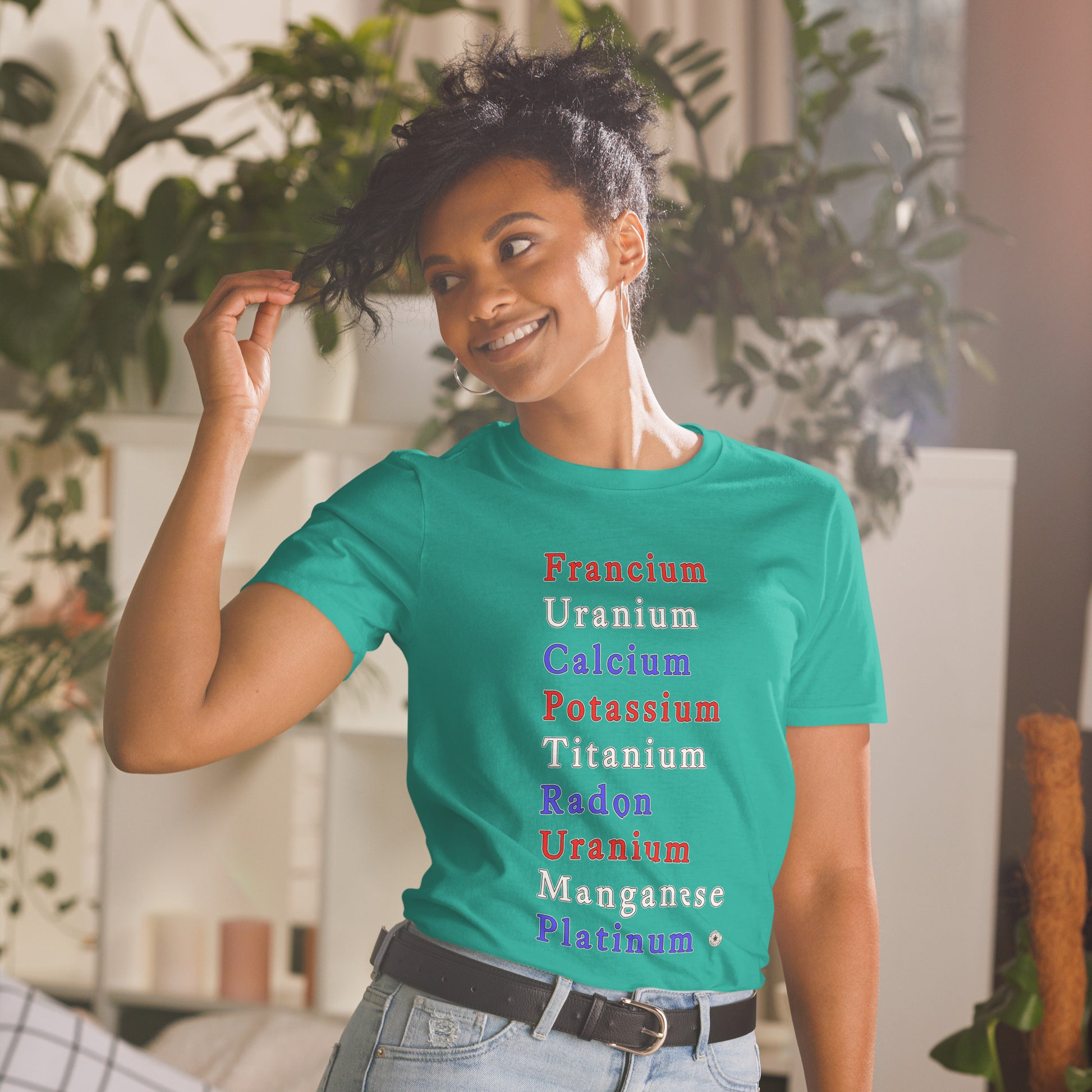 Unisex T-shirt with periodic table chemistry pun protest graphic, front view