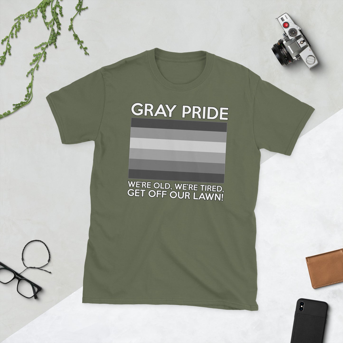 Unisex T-shirt with “Gray Pride” gray-stripe flag graphic, front view