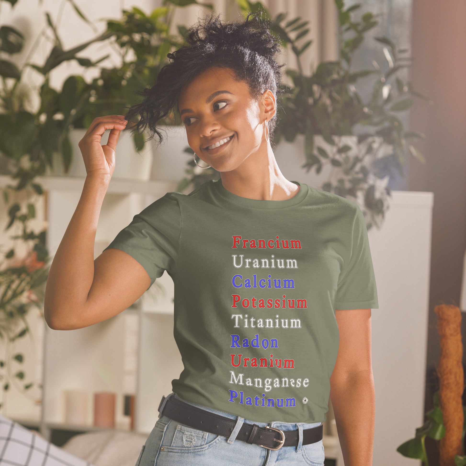 Unisex T-shirt with periodic table chemistry pun protest graphic, front view