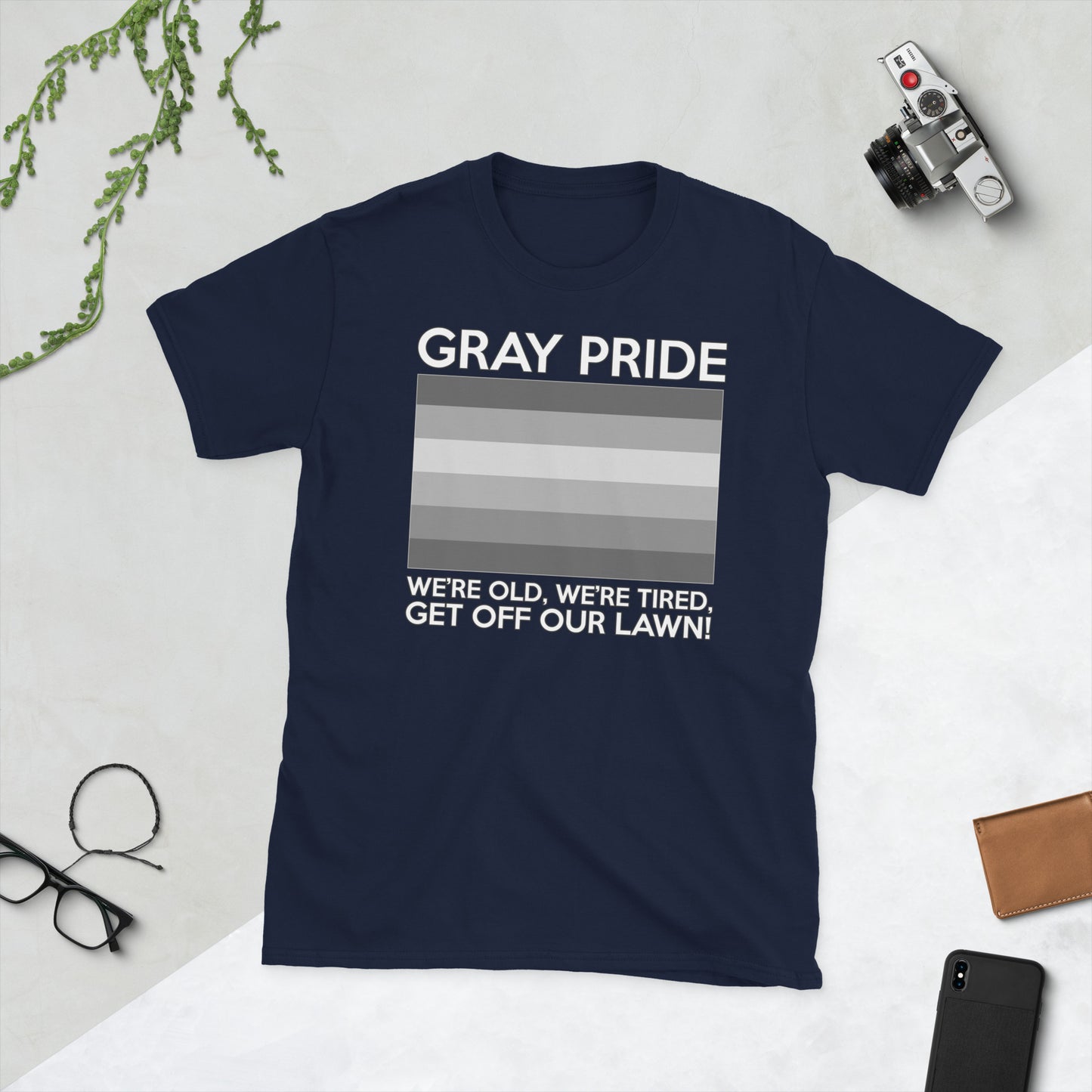 Unisex T-shirt with “Gray Pride” gray-stripe flag graphic, front view