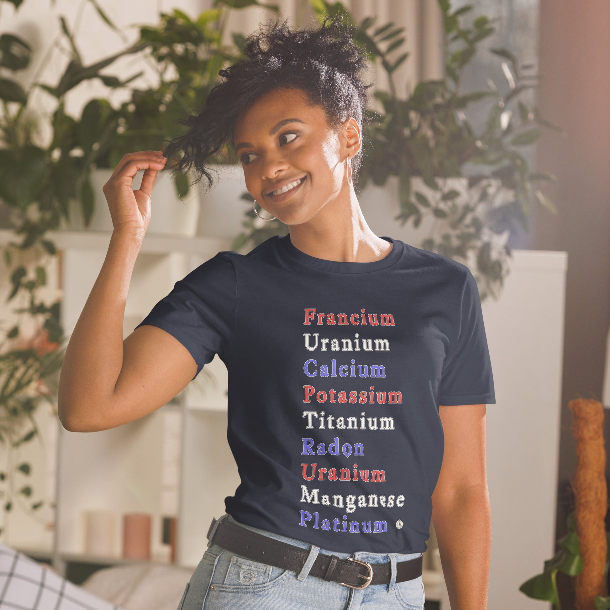Unisex T-shirt with periodic table chemistry pun protest graphic, front view