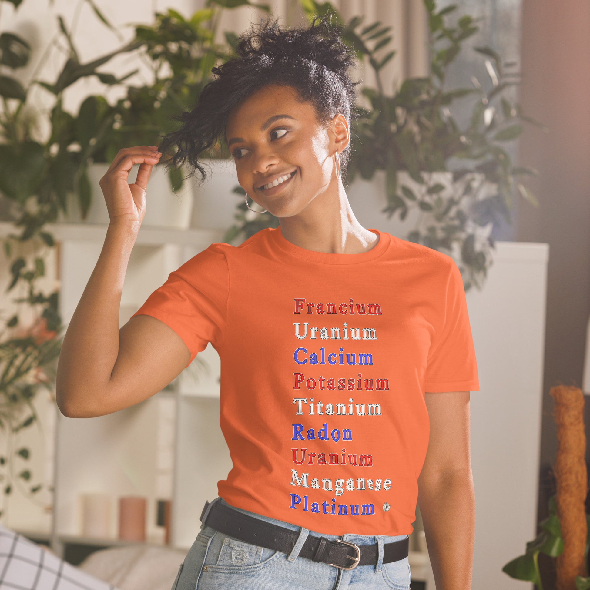 Unisex T-shirt with periodic table chemistry pun protest graphic, front view