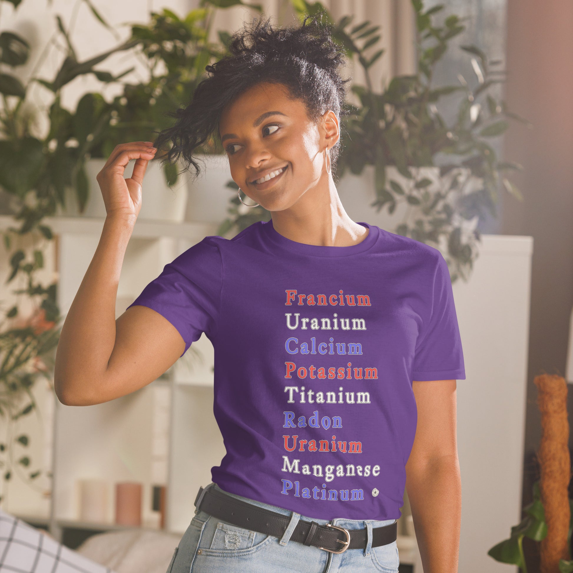 Unisex T-shirt with periodic table chemistry pun protest graphic, front view