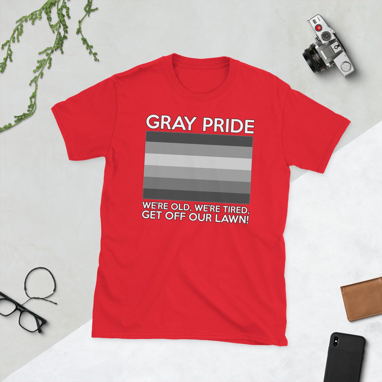 Unisex T-shirt with “Gray Pride” gray-stripe flag graphic, front view