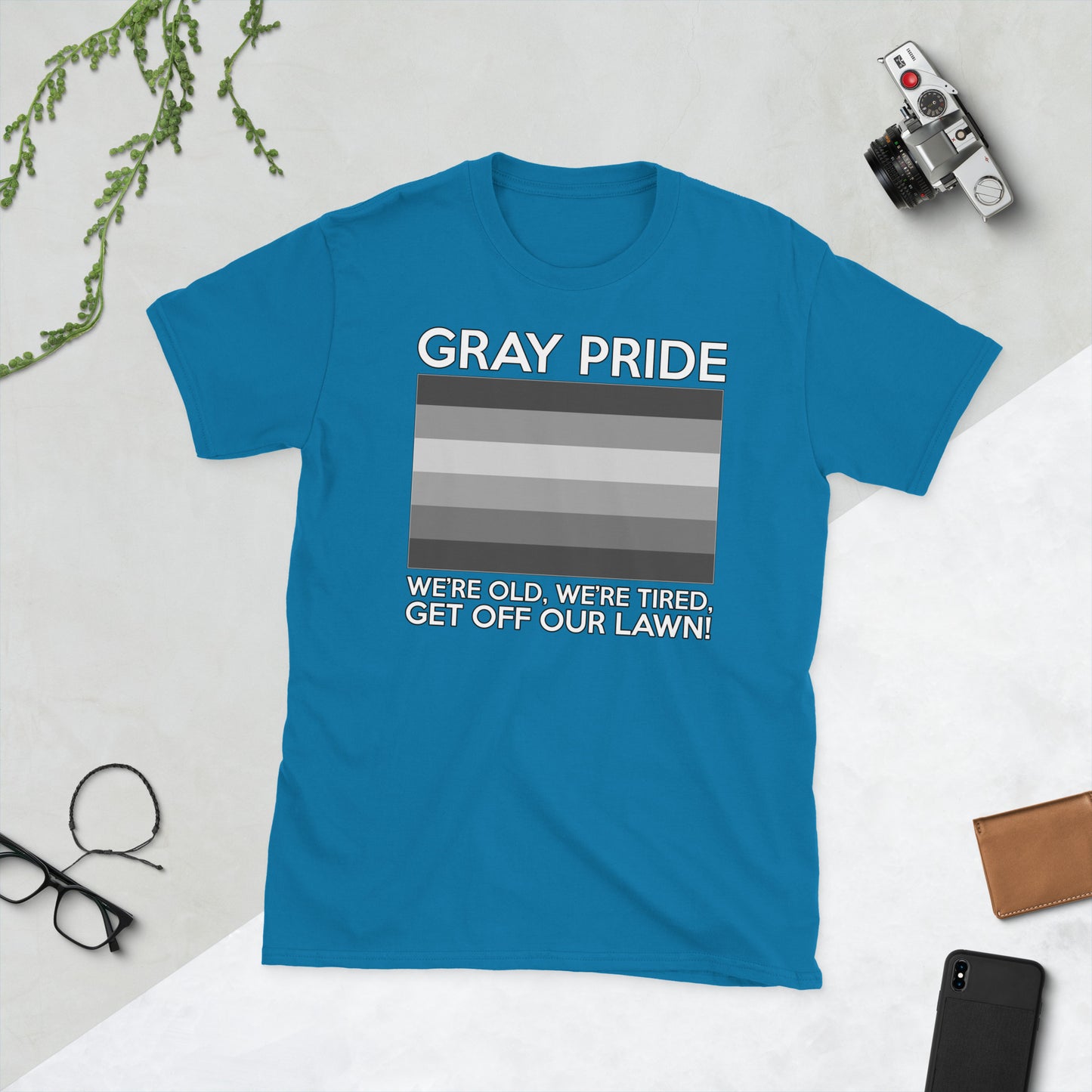 Unisex T-shirt with “Gray Pride” gray-stripe flag graphic, front view