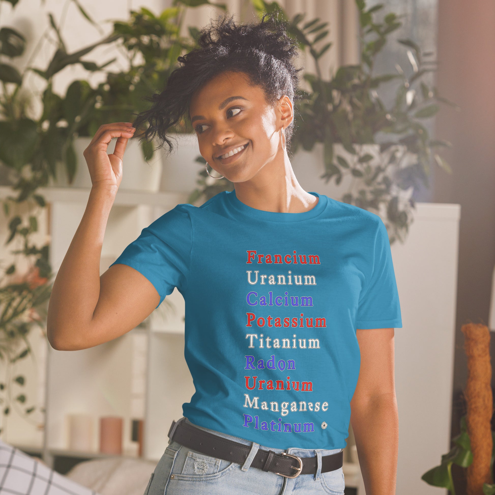 Unisex T-shirt with periodic table chemistry pun protest graphic, front view