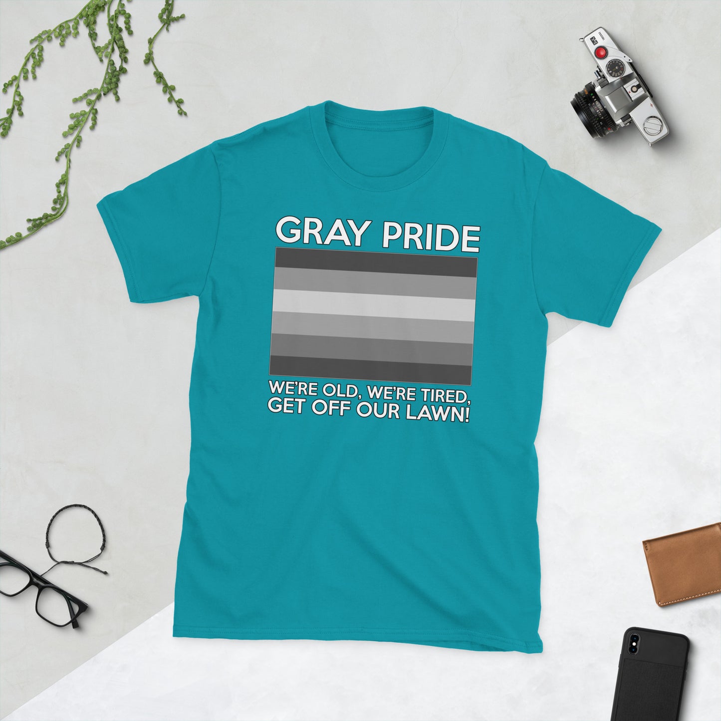 Unisex T-shirt with “Gray Pride” gray-stripe flag graphic, front view