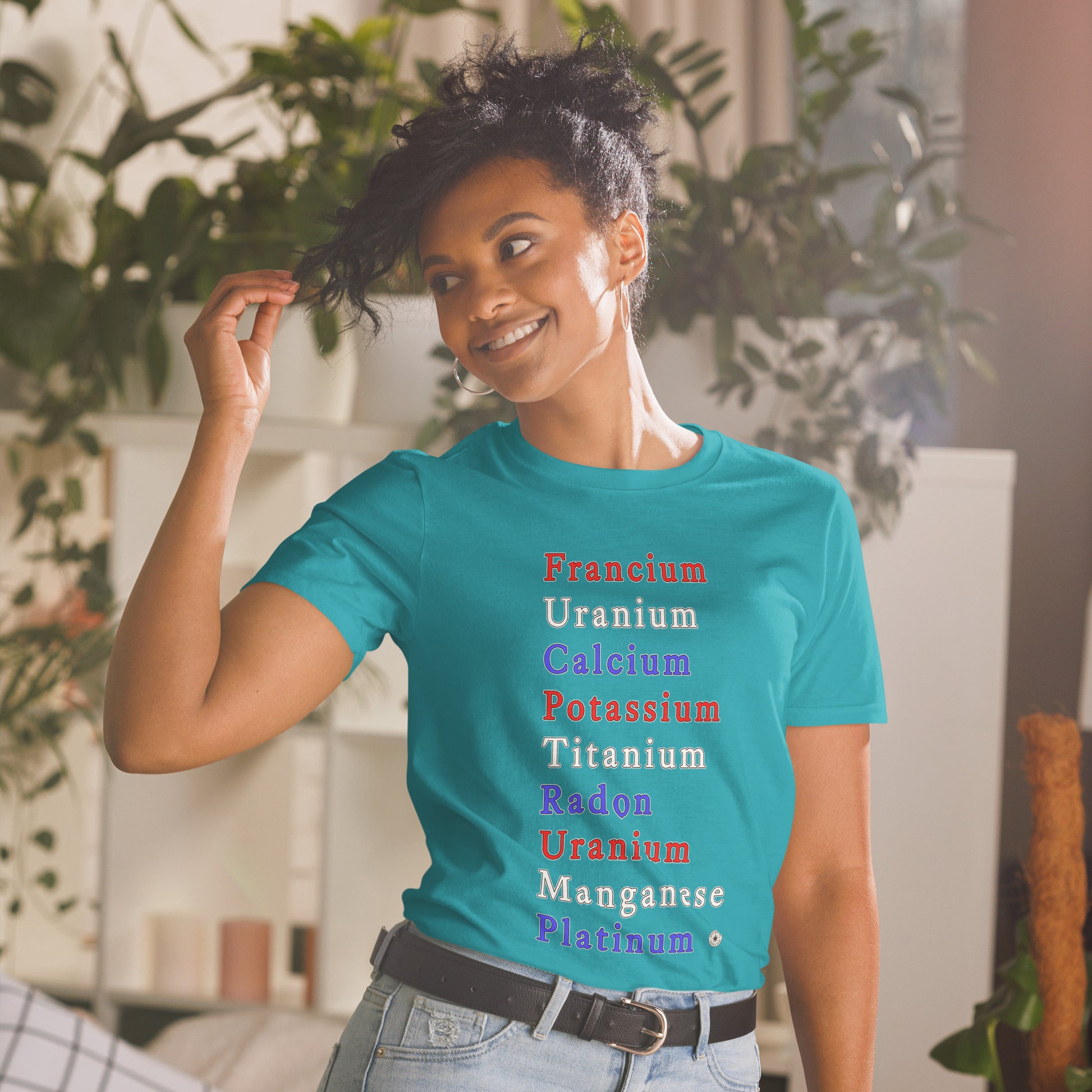 Unisex T-shirt with periodic table chemistry pun protest graphic, front view
