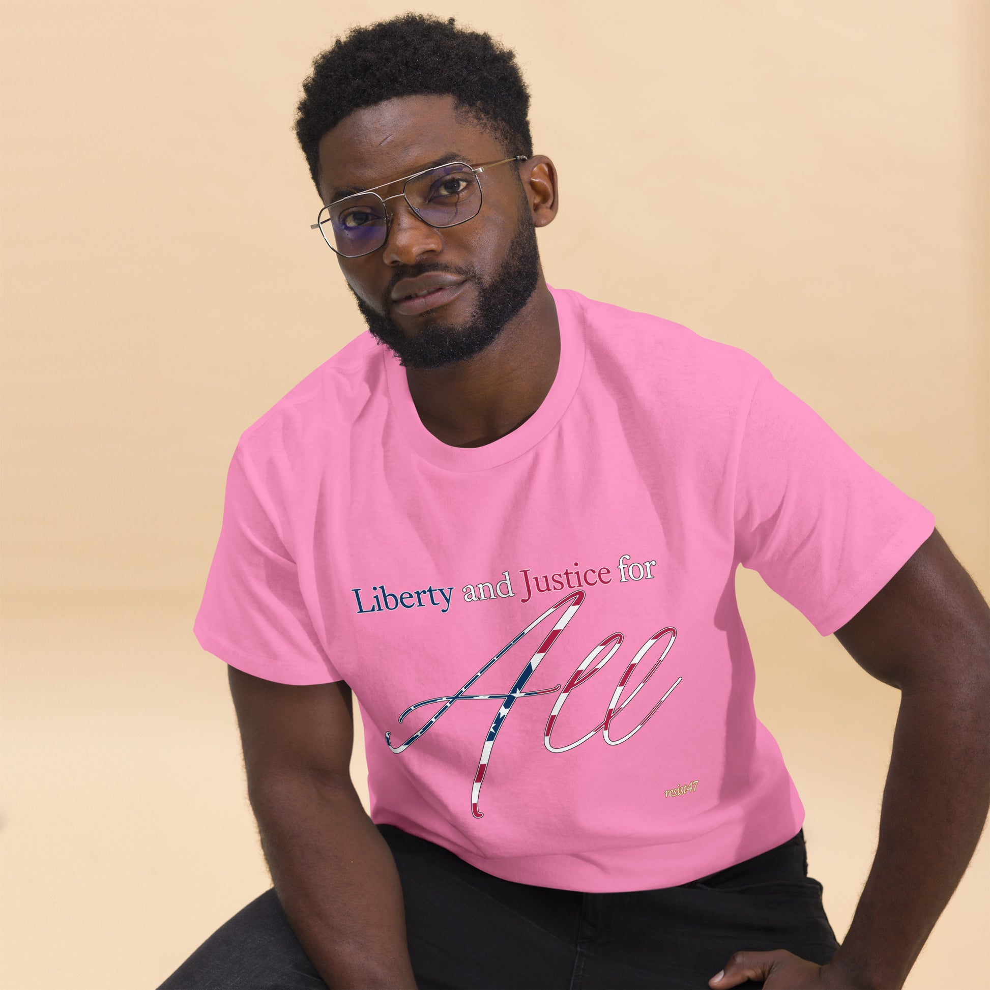 Purple tee with “Liberty & Justice Protest” graphic, front view