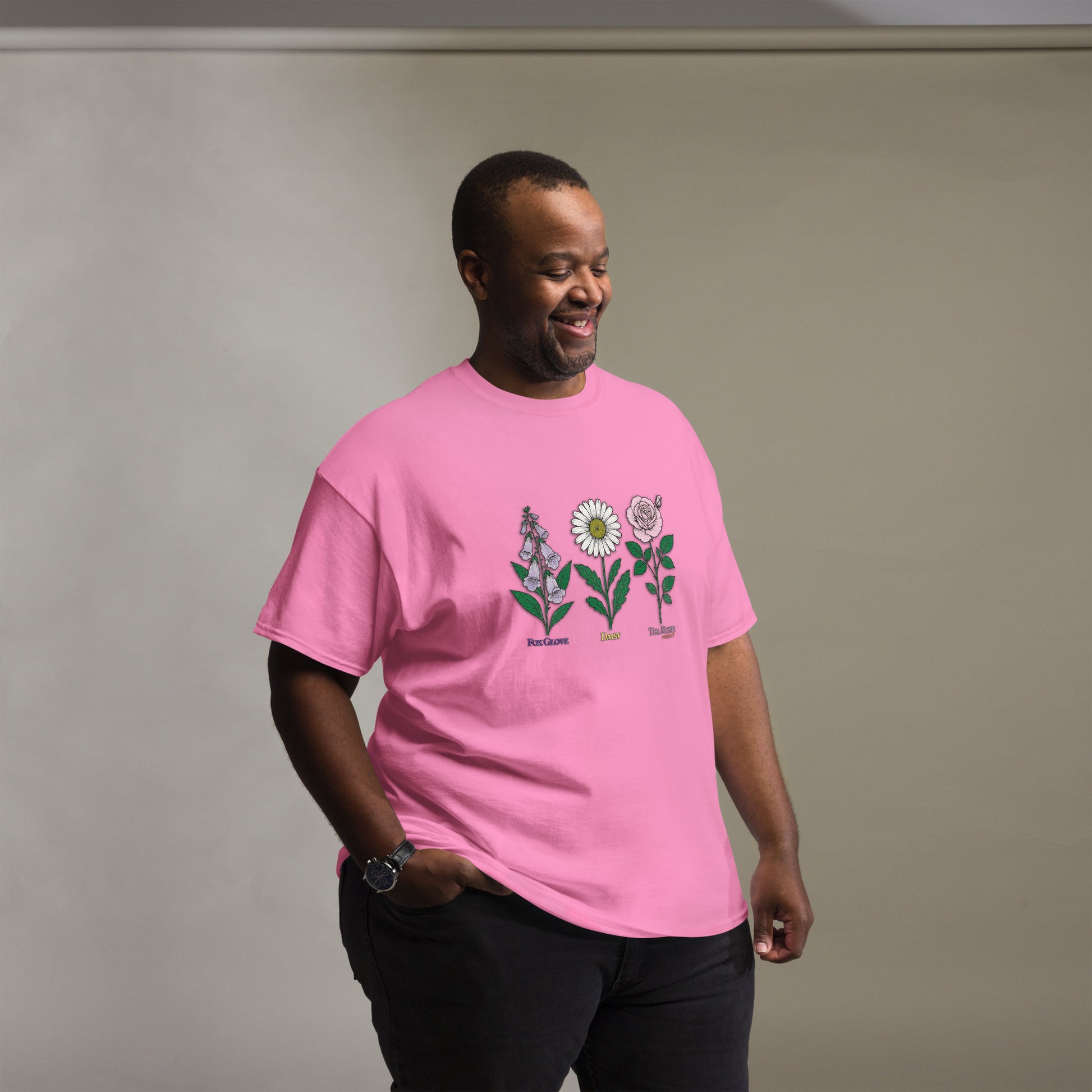 Navy t-shirt with “FDT Flowers Protest” graphic, front view
