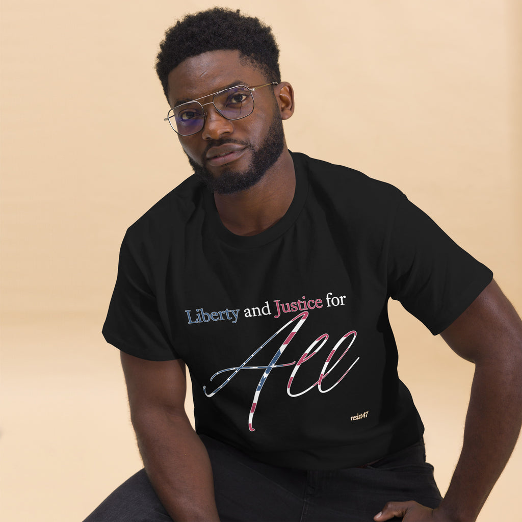Black tee with “Liberty & Justice Protest” graphic, front view